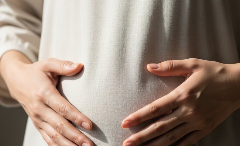 お腹が張って苦しむ女性